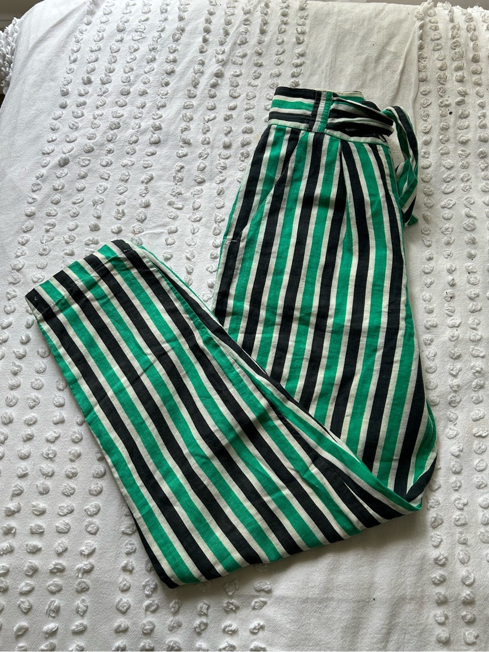 Green Black White Striped Linen Blend Pants Tie Waist